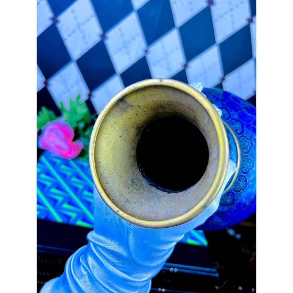 Large Blue Cloisonné 10" Floral Vase Brass Trim Vintage Elegance - Picture 7 of 10